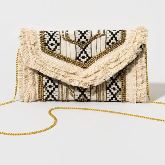 Antik Kraft Boho Beaded Fringe Black and Cream Crossbody Clutch - Picture 1 of 10